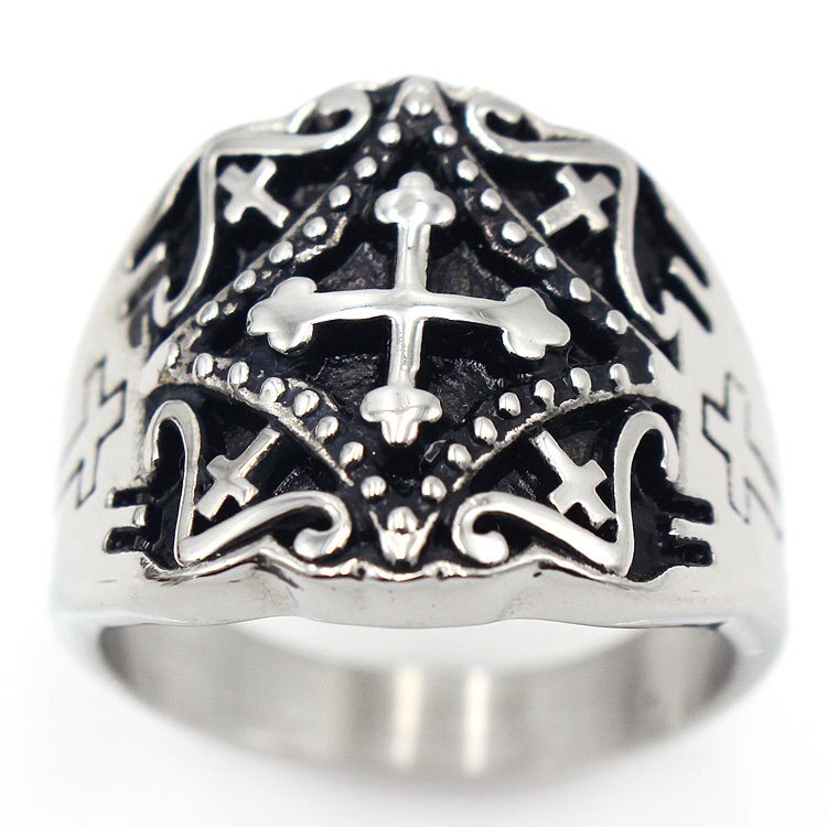 AsJerlya Retro Jesus Cross Ring Men Stainless Steel Cool Biker Ring Jewelry For Women Man Religious Belief Rings Jewelry