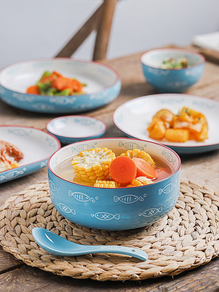 Hand painted ceramic tableware deep dish dish dish household Japanese dish simple fish dish bowl dish set Lovely tableware set