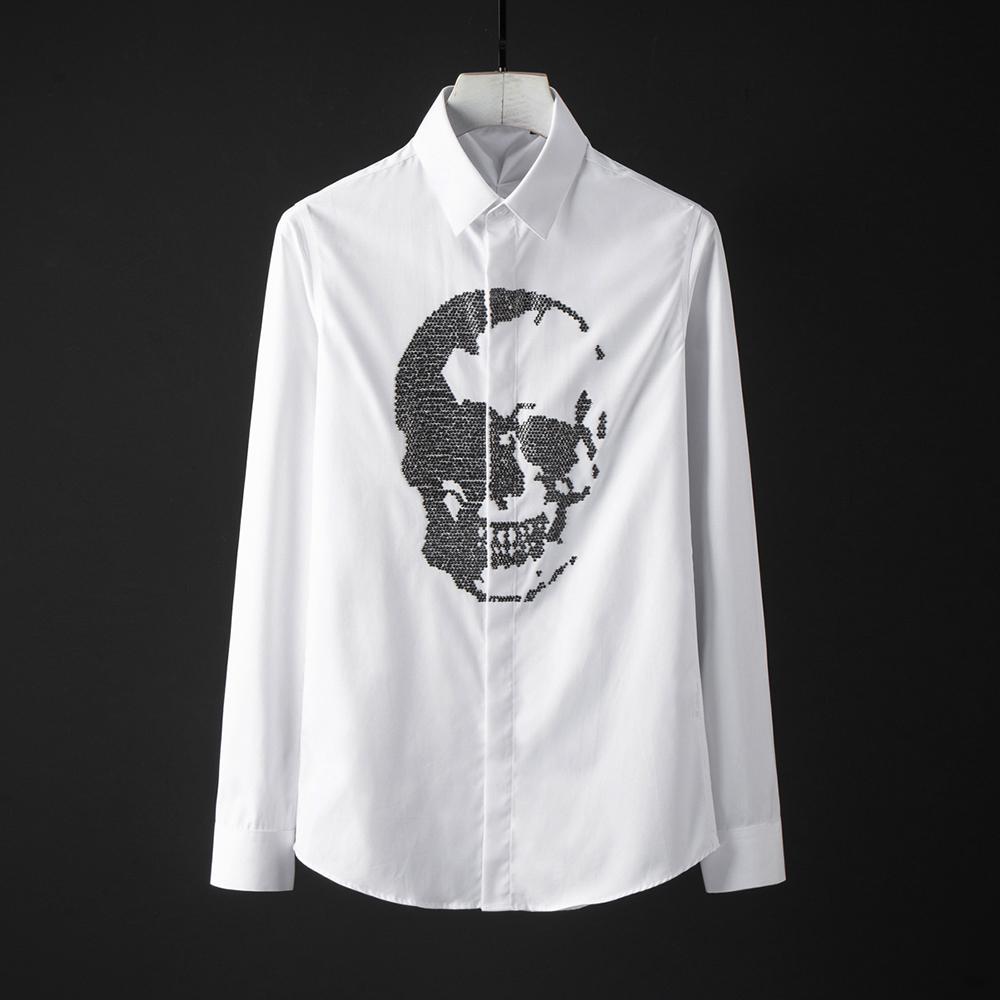 Enfärgade herrskjortor lyxiga kristalldiamantskalle långärmade herrskjortor slim fit fritidsskjortor plus storlek 4xl: Vit / 4xl