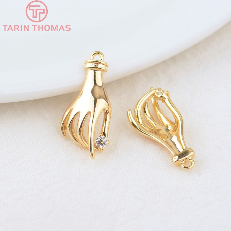 (1218)4PCS 6PCS 26x11MM Hole 4MM 24K Gold Color Brass with Zircon Hand Pendants Charms Jewelry Findings Accessories