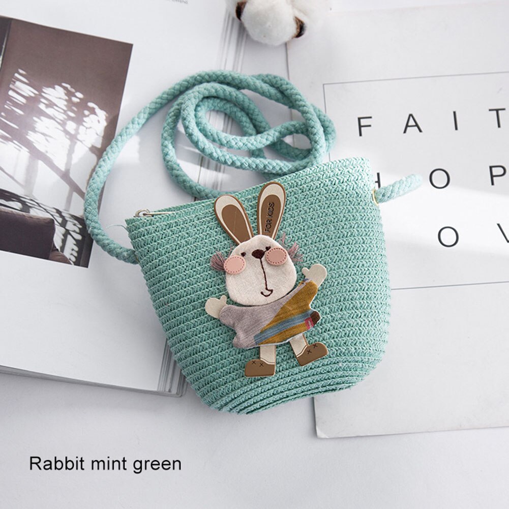 Girls Mini Handbag Handmade Straw Tote Large Capacity Summer Beach Shoulder Bag Party Shopping Best -WT: green  rabbit