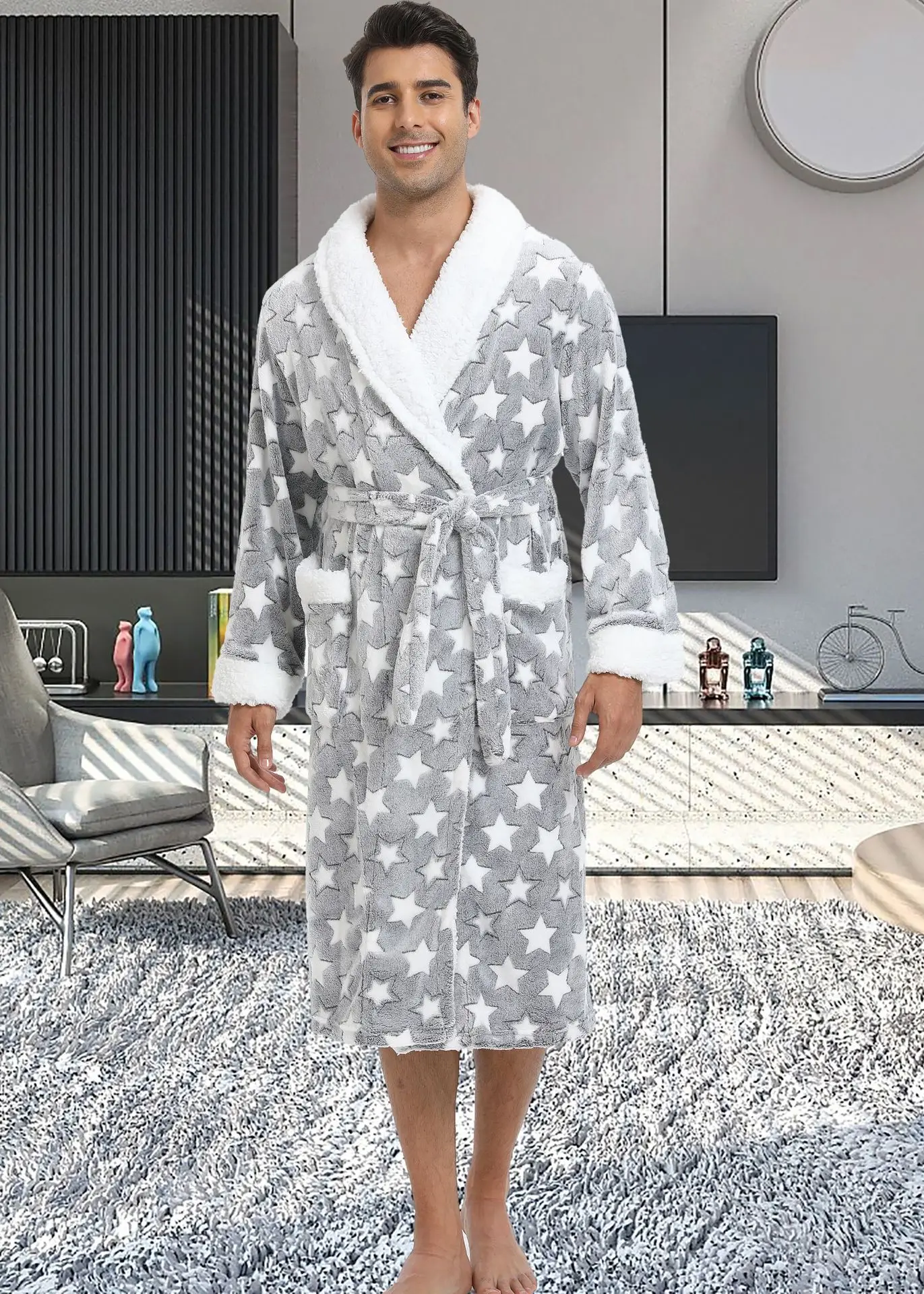 Warme Herbst Winter Flanell Männer Bademantel Dicke Lange Nacht Nachtwäsche Samt Kimono Kleid männer Kleidung Homewear Morgenmantel: L / Beige