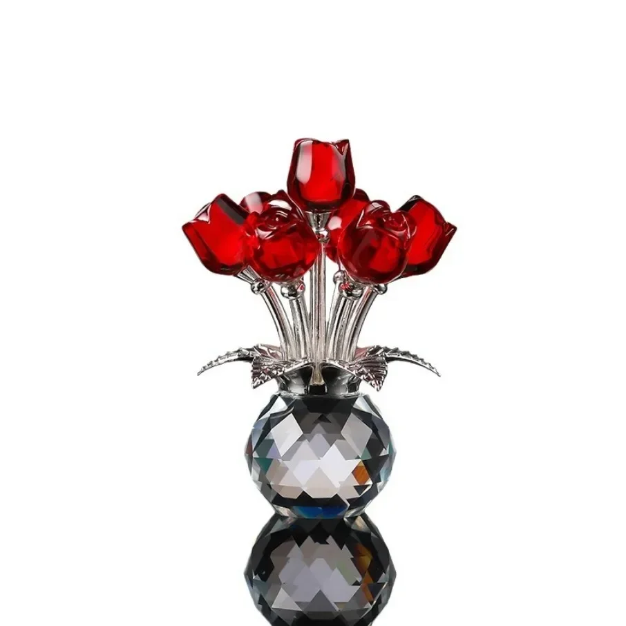 Crystal Red Rose Bouquet with Round Vase Figurines for Women Glass Bouquet Ornament Romantic Table Centerpiece: Red