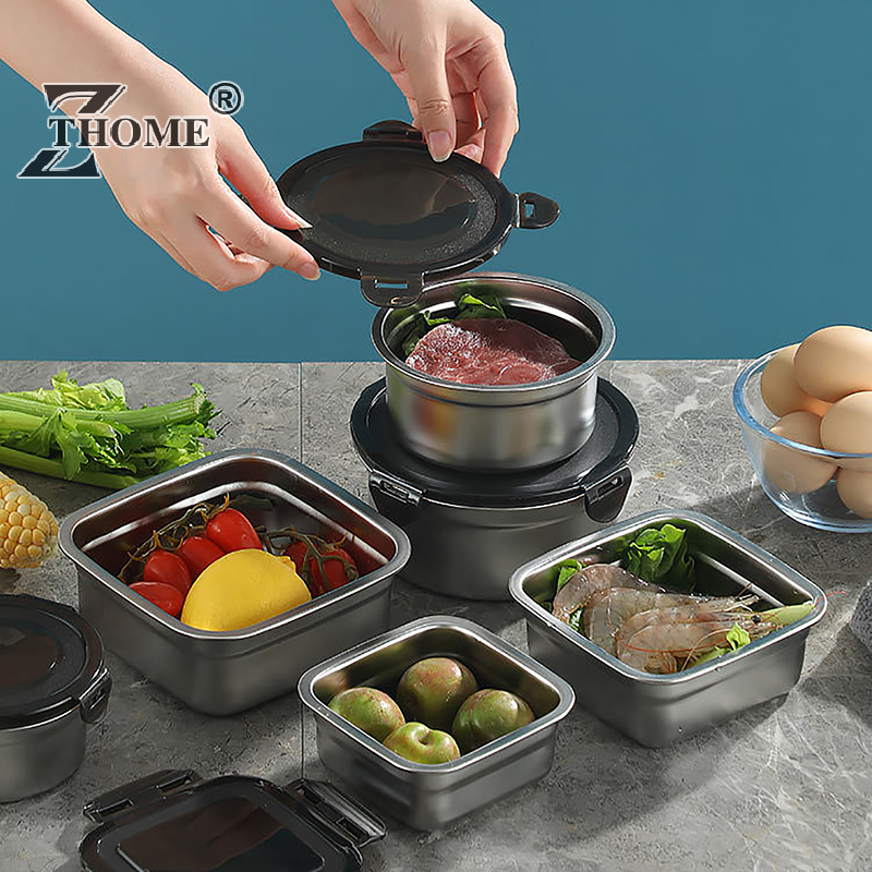 Roestvrijstalen Voedselcontainer Vers Bewaardoos Verzegeld Deksel Crisper Lunch Maaltijd Voorbereiding Opslag Koelkast Keuken Set Ronde Vierkante Kom