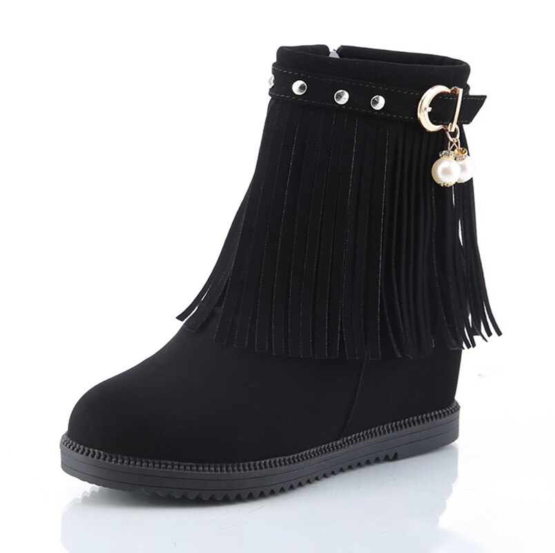 Femmes gland perle bottines femmes troupeau chaussures plates femme boucle hauteur augmentant dames Zip chaussures femme Rivet chaussures: Black / 39