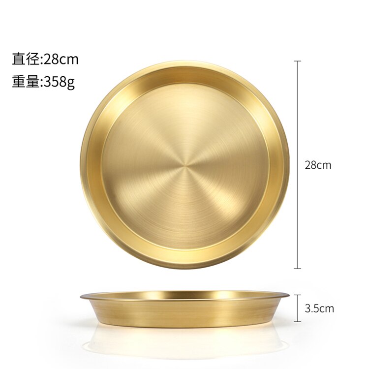 Thicken Brass Round Plate Cake Dessert Metal Plate Fruit Dish Home Steamed Fish Yellow Bronze Kitchen Supplies Dinner Plates: 28cm