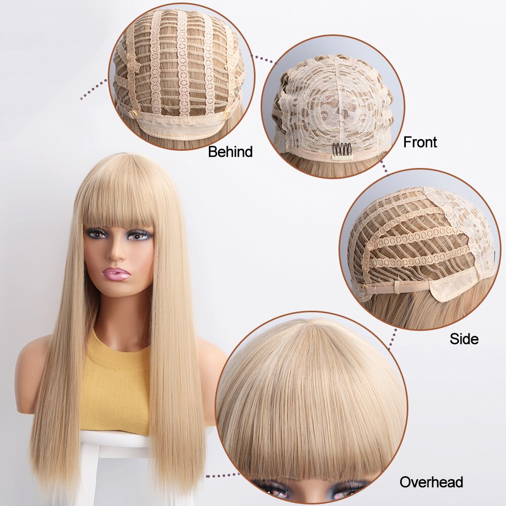 Aisibeauty Long Synthetic Wig with Bangs 4Colors High Density Natural Headline Heat Resistant Straight Hair Wigs for Women