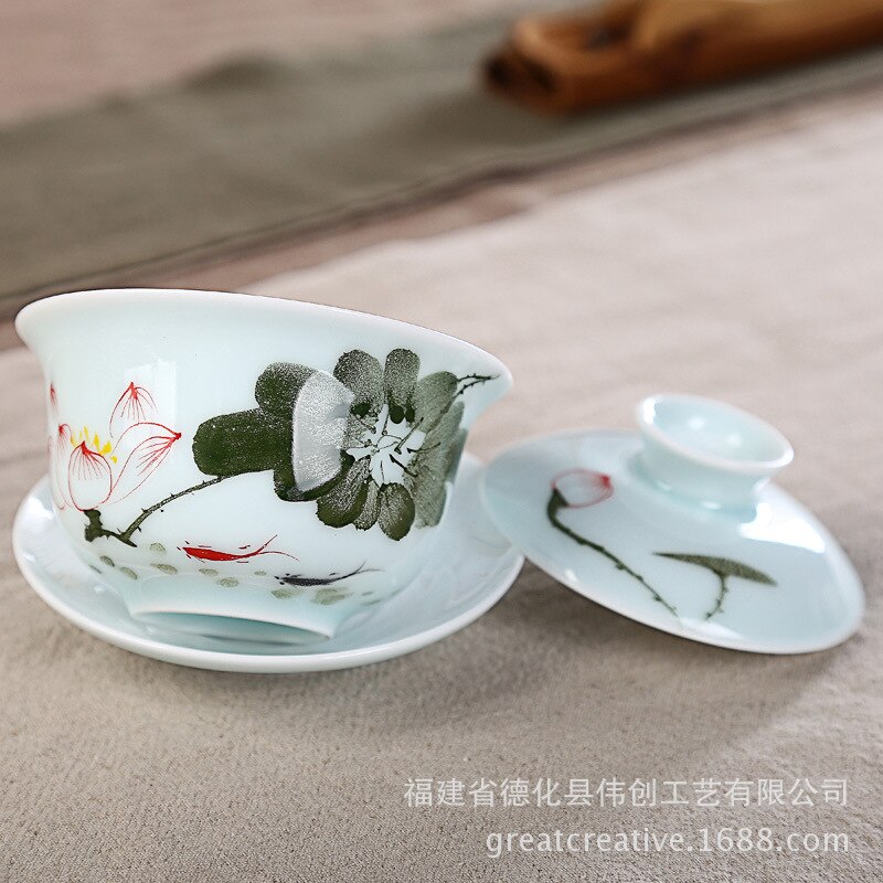 Cuenco De cobertura grande De porcelana Longquan Qing pintado a mano, cuenco De cobertura De tres solo cuenco, juego De té Kung Fu, ópera De cerámica Gaiwan