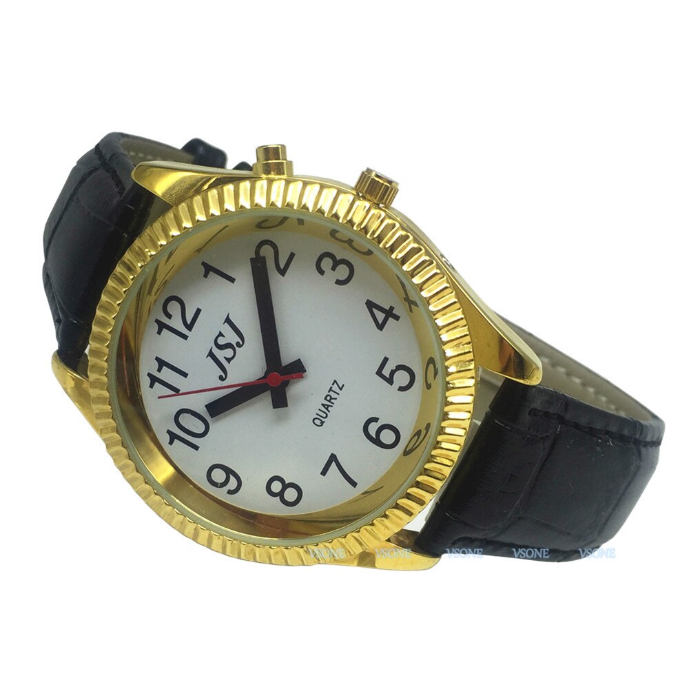 Spaanssprekend horloge met alarmfunctie, spreektijd, witte wijzerplaat, zwarte leren band, gouden kast  b4-g207w- ts