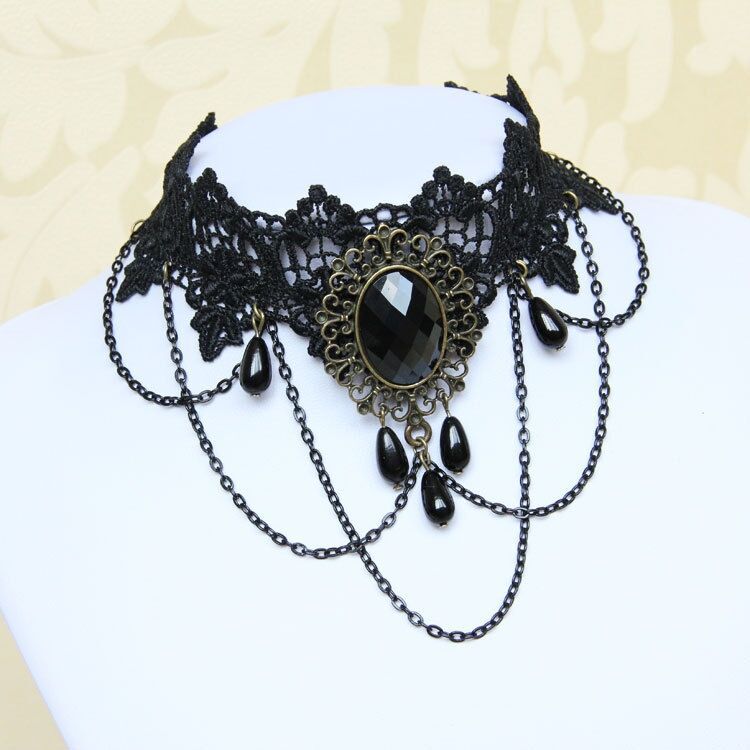 Gothic Victorian Black Lace Necklace Women Girl Boho Crystal Tassel Sexy Choker Steampunk Dark Loli Style Halloween Jewelry: Gold-color