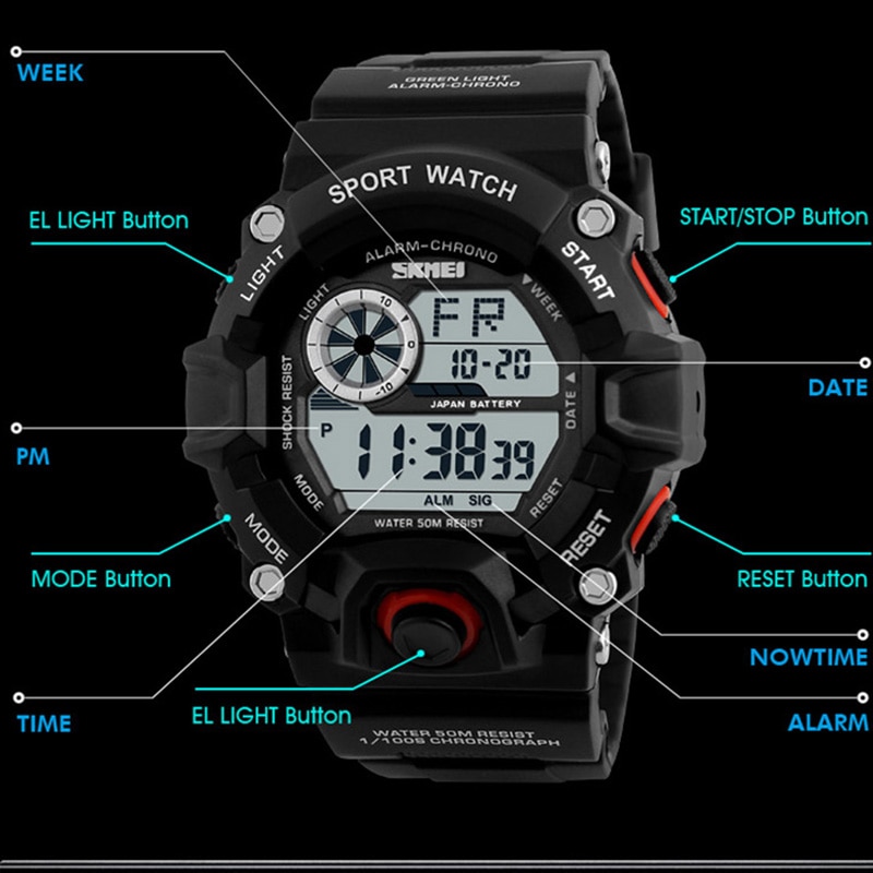 Digitale Horloges Heren Alarm 50 M Waterdichte Sport Horloge LED Back Light S Shock Horloges Voor Man Klok Relogio Masculino SKMEI