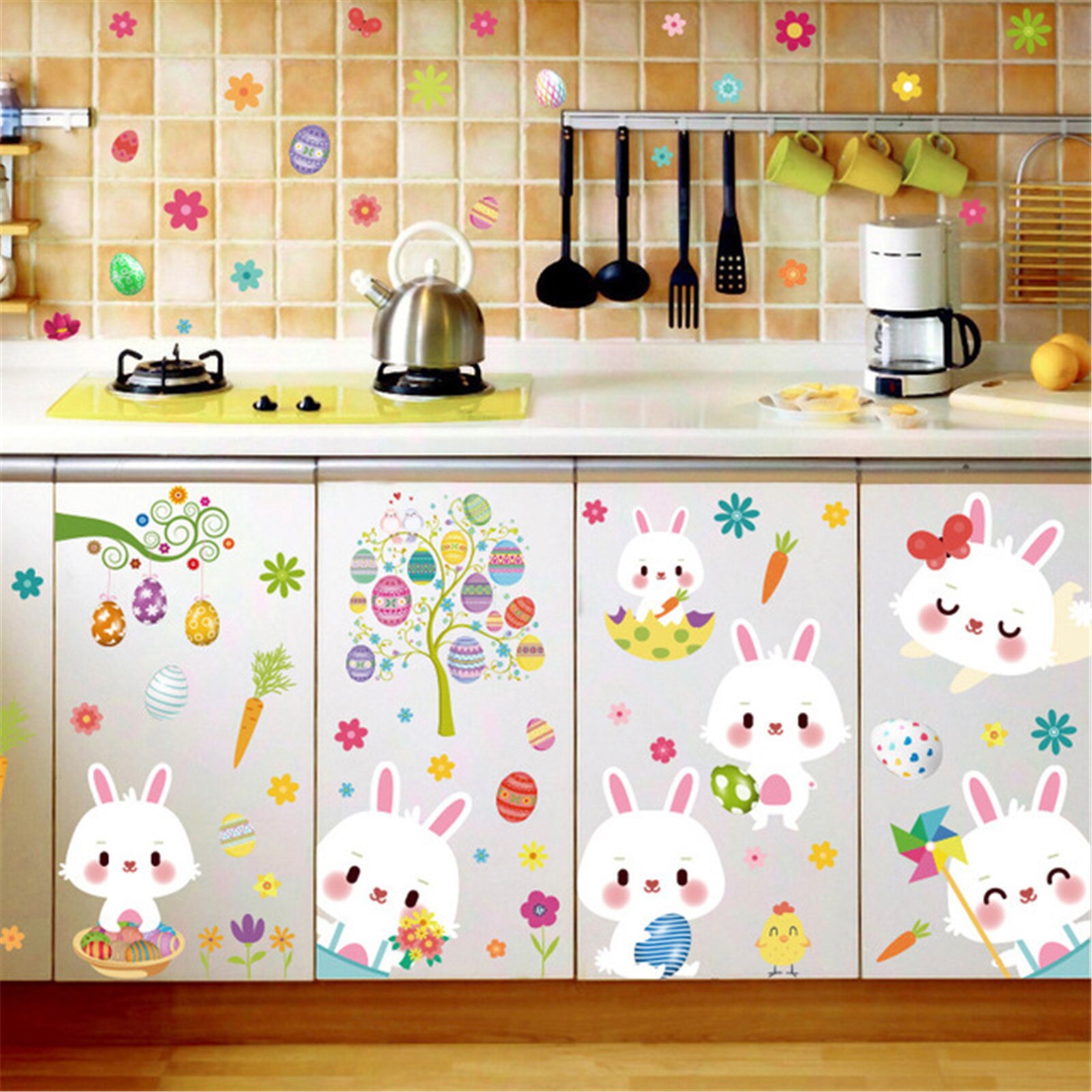 Cute Bunny Rabbit Wall Stickers For Kids Room Baby Nursery Wall Decals Pink Flower For Girl Room Home Decoration #T2P