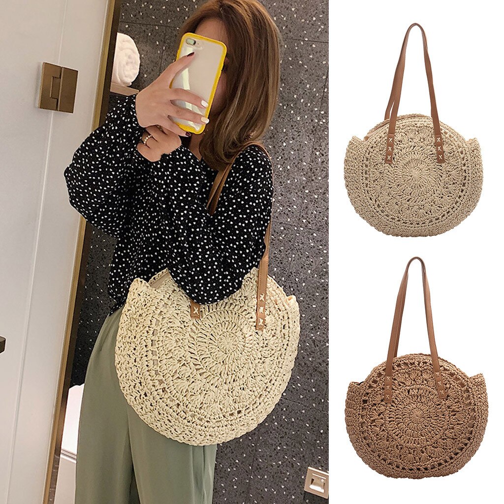 20# Summer Beach Large Capacity Bags Women's Retro Woven Shoulder Bag Floral Handbag Woven Bag Ladies Beach Straw Bags