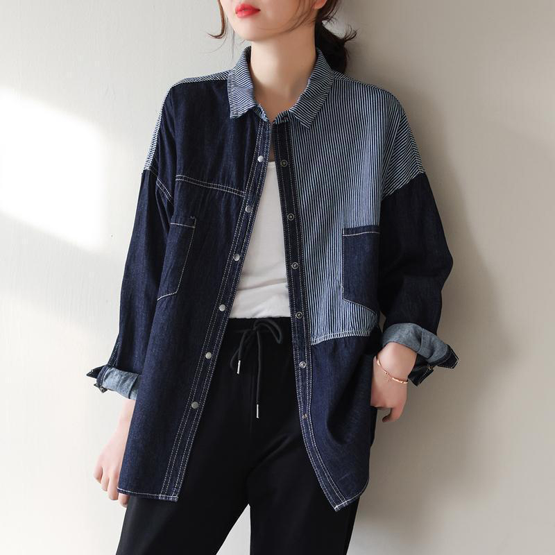 Camisa vaquera de retazos a rayas para mujer, blusa holgada de manga larga con botones que combina con todo, cárdigan informal para primavera y otoño