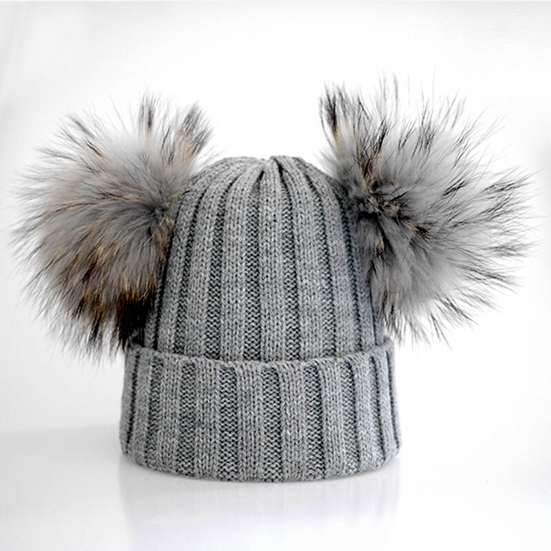 Volwassen Dubbele Bont Pompon Winter Hoeden voor Vrouwen Wol Blend Gebreide Heren Hoeden en Caps