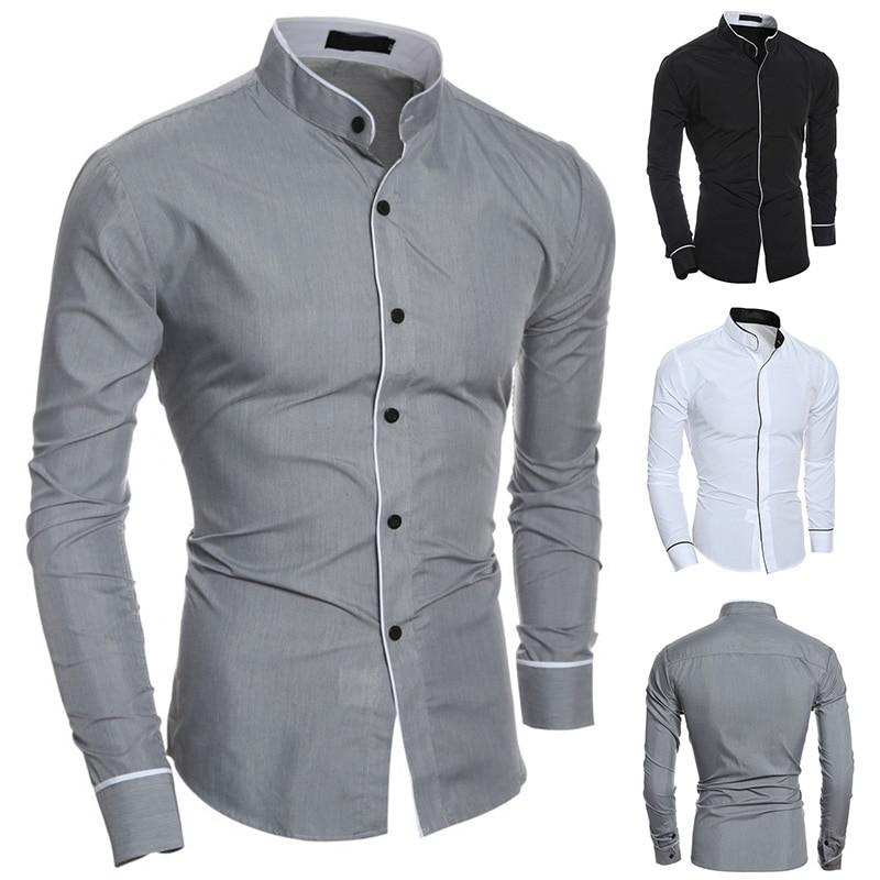 Lange Mouwen Shirt Slim Fit Stand Kraag Eenvoudige Casual Tops Voor Lente D88
