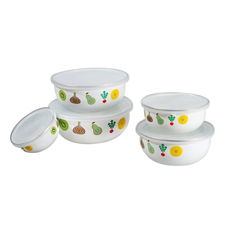 5 Pcs Emaille Ijs Kom Mixing Bowls Met Afdichting Deksel Emaille Kommen Pak Set Behoud Set Ice Box Mini Rijst kom 10-18 Cm Emaye