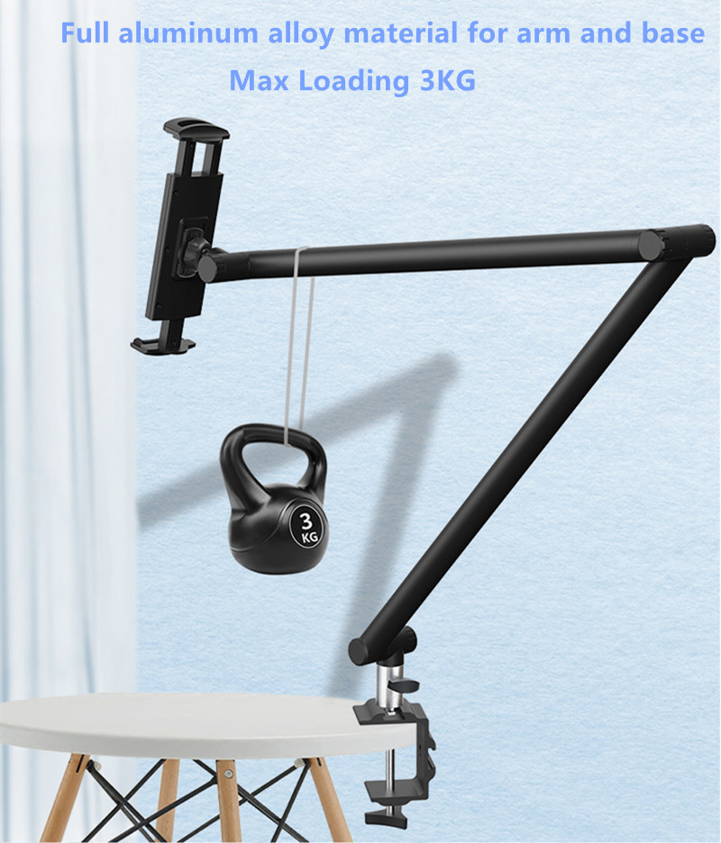 Long Arm Tablet Stand Adjustable Aluminum Tablet Phone Holder Loading Up to 3KG Desk/Bed Bracket for iPhone iPad Pro 4-12.9‘’