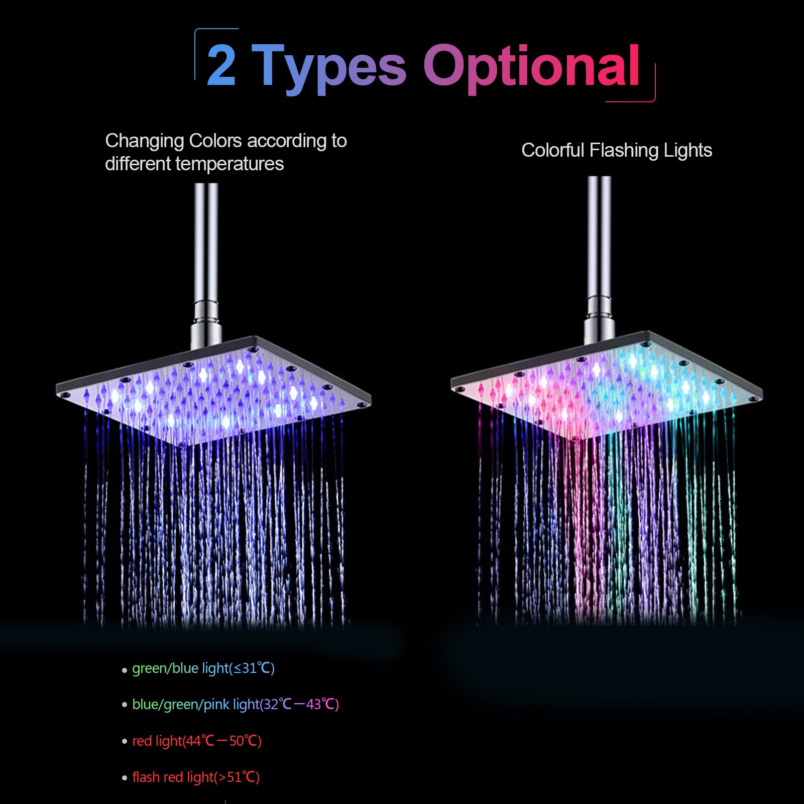 Led Regendouche Vierkante Douchekop Rgb/Kleurrijke Automatische Zwaailichten Douchekop Badkamer Accessoires 8/10/12 Inch