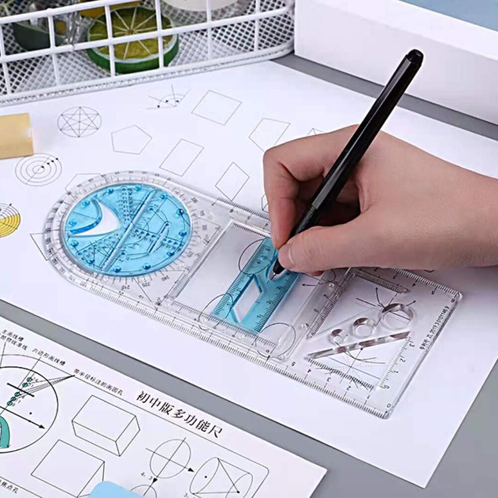 Regla geométrica multifuncional, herramienta de medición de plantilla de dibujo geométrico para suministros de oficina y escuela, NIN668: blue