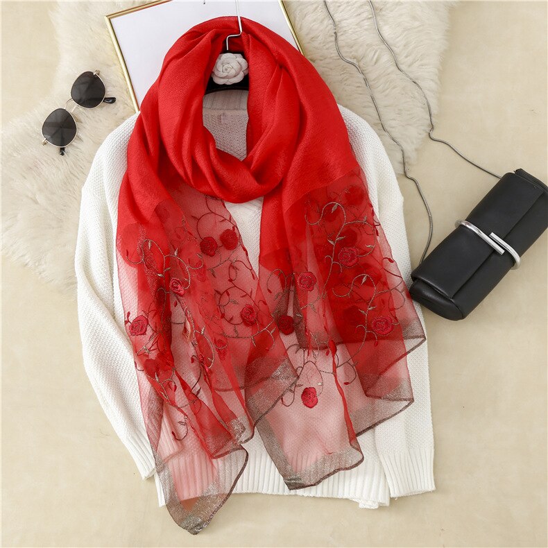 Real Silk and Wool Women Scarf Floral Embroidery Lady Headband Scarves Pashmina Shawl Wraps Bandana Hijab Big Size Beach: 2