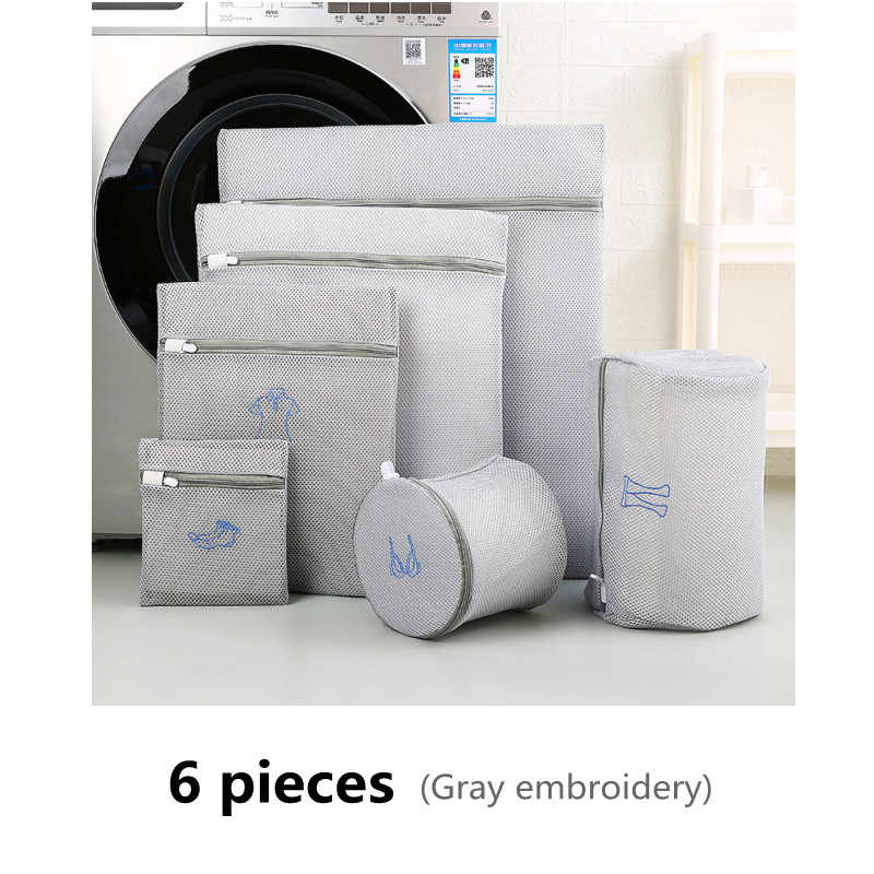 Conjunto de bolsa de lavandería bordada, bolsa para lavar ropa interior, sujetador, bolsas de lavado, cesta de lavandería de malla de poliéster, Kits de lavado plegables para el hogar, 1 Juego: Gray 6 pieces set