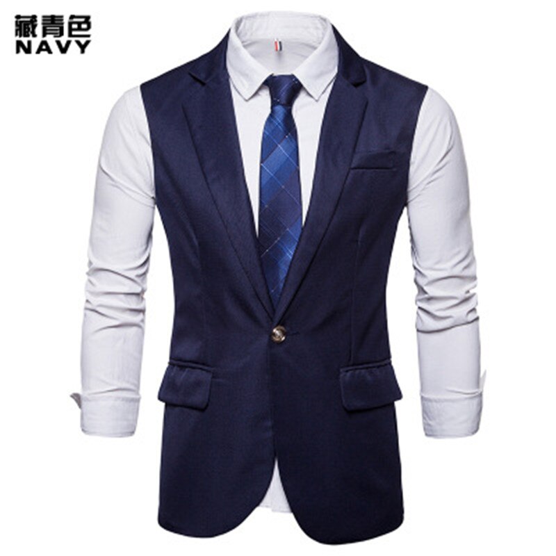 Mens Vest Waistcoat Men's Suit Dress Vest Autumn Slim Fit Longline Single Breasted Tuxedo Vests Gilet Costume Homme XXL: Navy Blue / XXL