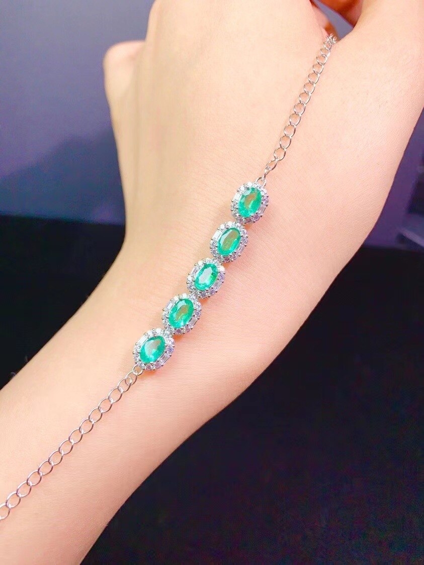 Pulseras de plata 925 con abalorio para mujer, pulseras femeninas de piedra de Esmeralda Natural auténtica, cadena de mano, joyería de disfraz para mujer, tendencia