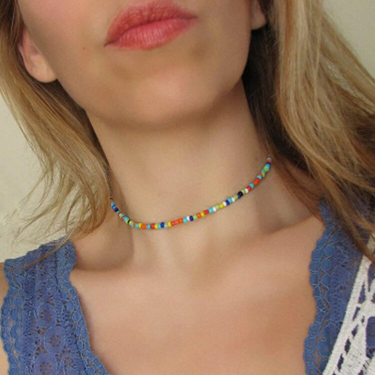 HangZhi Summer Baroque Pearl Colorful Bohemia Simple Resin Beaded Choker Necklaces for Women Girls Vacation Jewelry