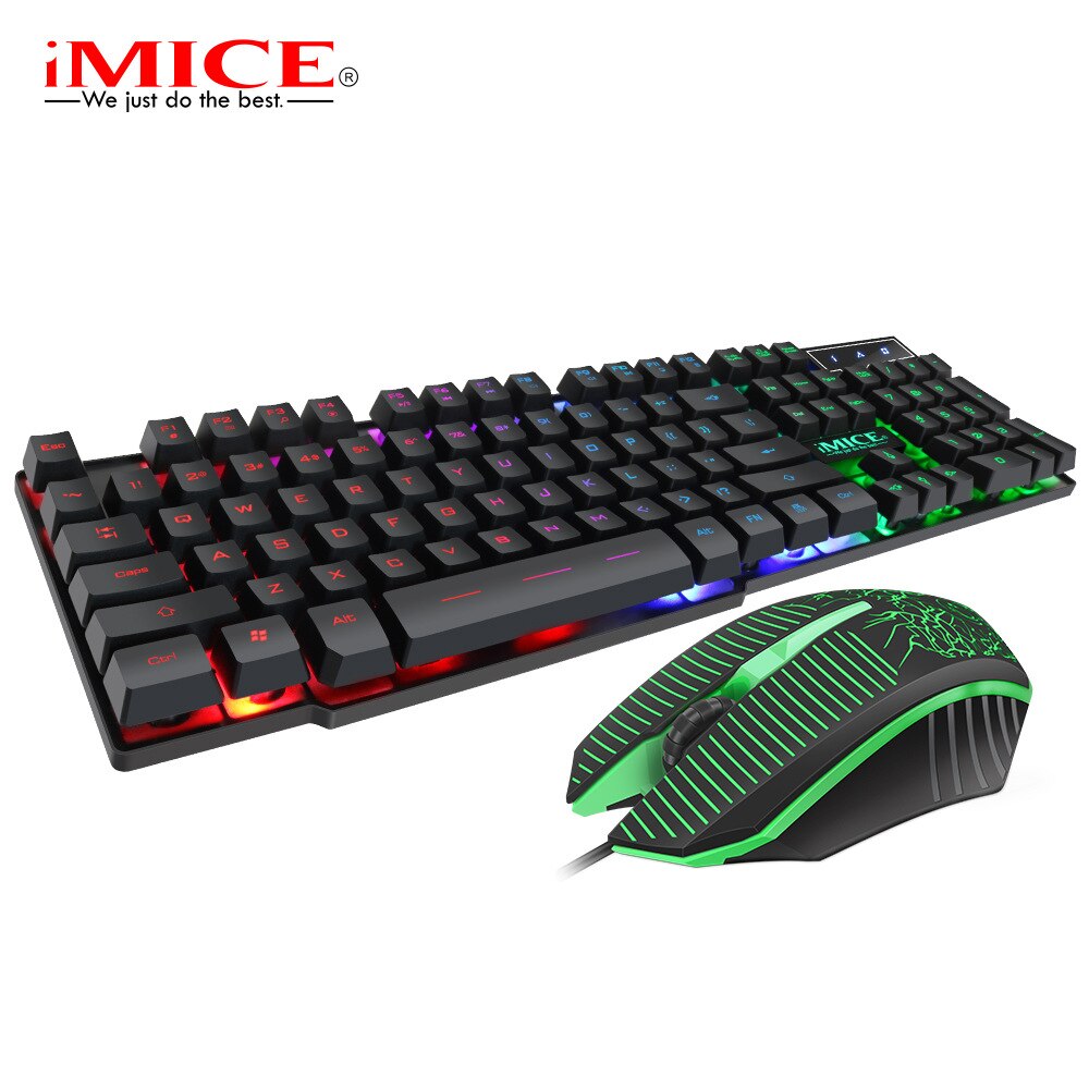 Wired Game keyboard suspended key cap rainbow backlit Keyboard and Mouse set PBUG: Green