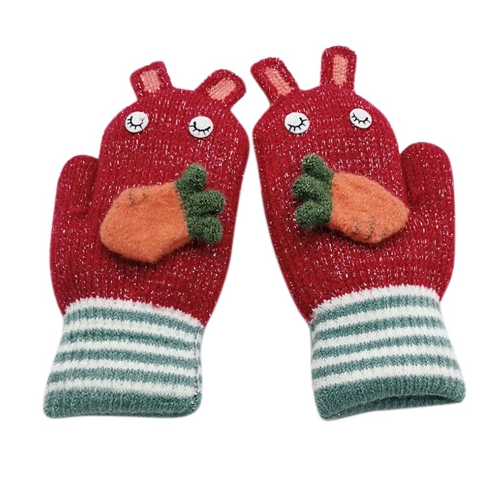 Cartoon Rabbit Knitted Gloves For Children Kids Boys Girls Carrot Applique Patchwork Hand Gloves Winter Warm Full Finger Mittens: E