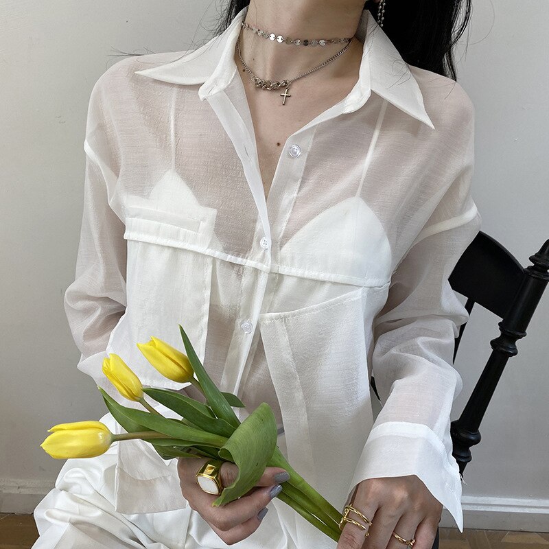 TWOTWINSTYLE White Perspective Shirt For Women Lapel Long Sleeve One Size Casual Blouse Female Summer Clothing