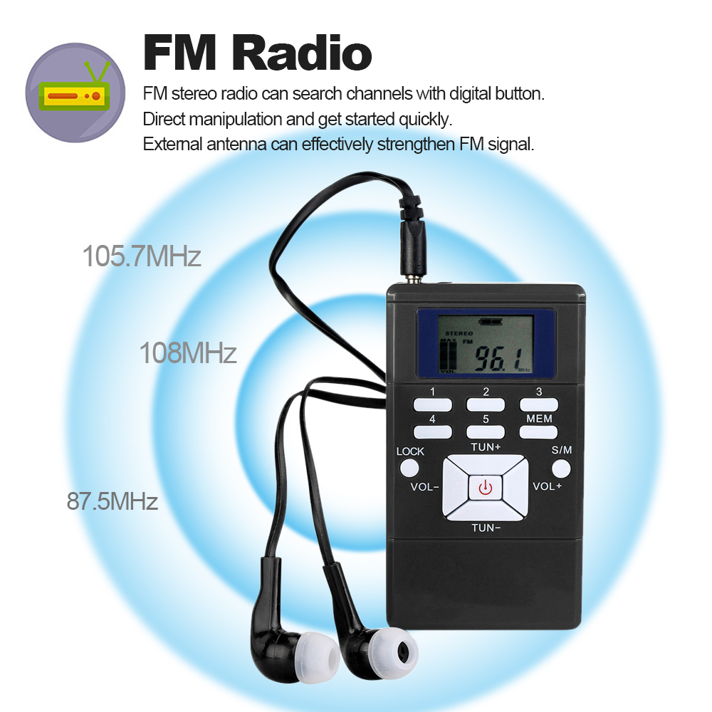 Mini DSP Stereo Radio FM Cyfrowy odbiornik zegara do spotkań Jednoczesne tłumaczenie Clip-on Radio ze smyczą do słuchawek 1.2