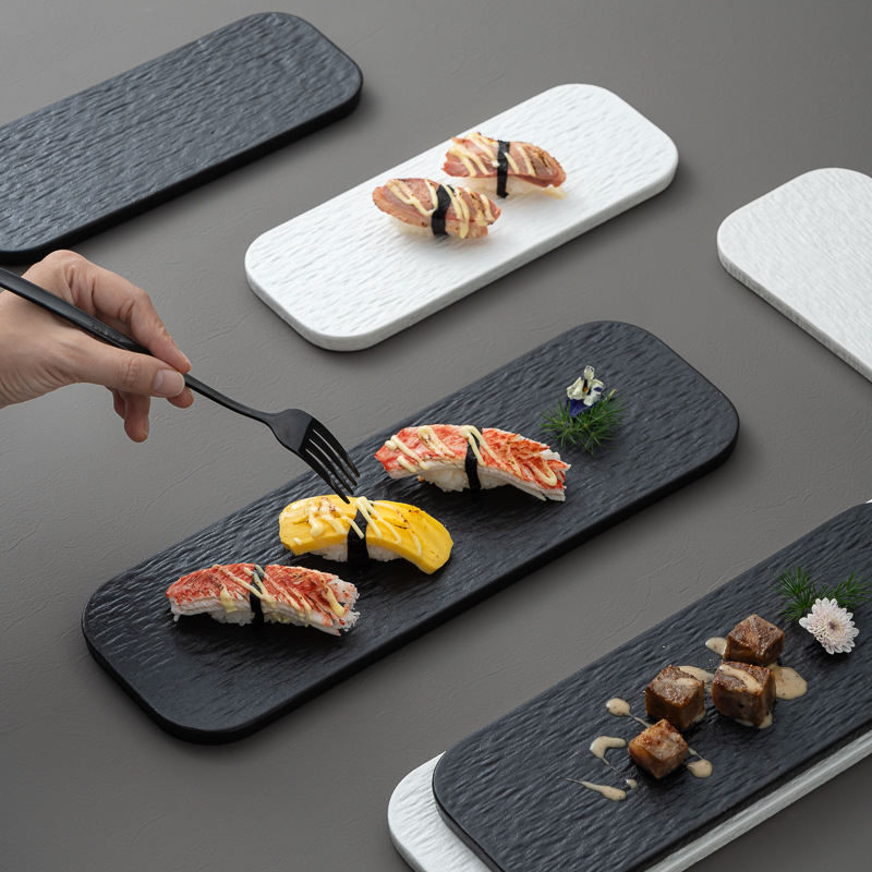 Black White Solid Color Rock Grain Restaurant Rectangular Plate Ceramic Long Plate Sashimi Plate Inventory Heart Sushi Utensils
