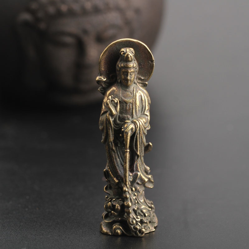 Kleine Kuriosität Chinesische Bronze- Buddhismus Kwan-yin Guan Yin Lotus Blume Anhänger
