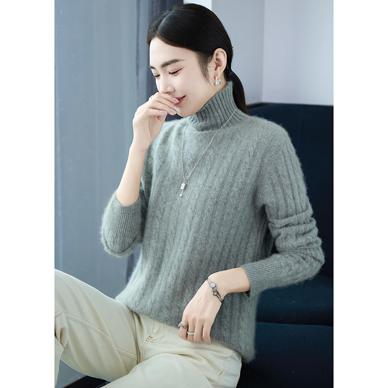 Camisa de fondo de lana pura 100% de Cuello medio alto para mujer, suéter de punto de lana acolchado suelto, otoño e invierno,