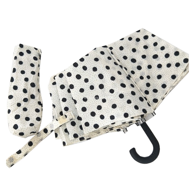 Moderigtig og enkel polka dot-paraply til kvinder tre-foldbar bærbar uv-parasol vindtæt og vandtæt elegan