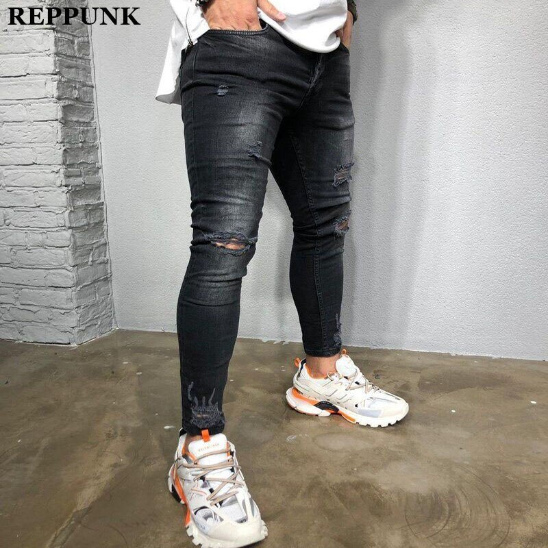 Reppunk svart stretch skinny fit jeans herr knä slitna nödställda hål biker jeans byxor hip hop street stor storlek xxxl