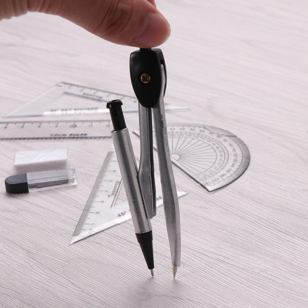 Compasses Set Geometry Drawing Tool with Protractor Divider Ruler Pencil Lead Eraser
