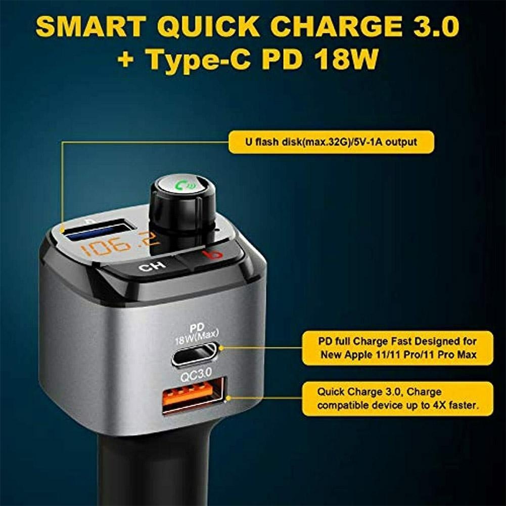 Bluetooth 5.0 FM Transmitter Suitable For Car QC3.0 PD 18W Wireless Radio Adapter Music Player Car Kit With Ambient Light