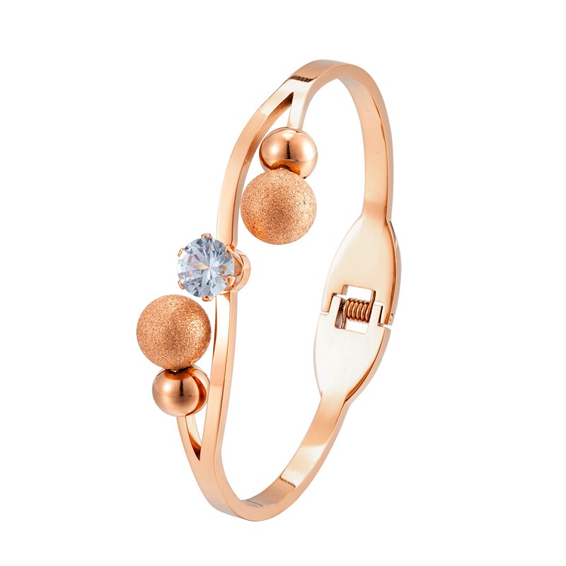 Nuovo braccialetto aperto a molla in Zirconia cubica con sfera in acciaio inossidabile satinato per donna amore regalo di nozze braccialetto gioielli all&#39;ingrosso: Rose gold
