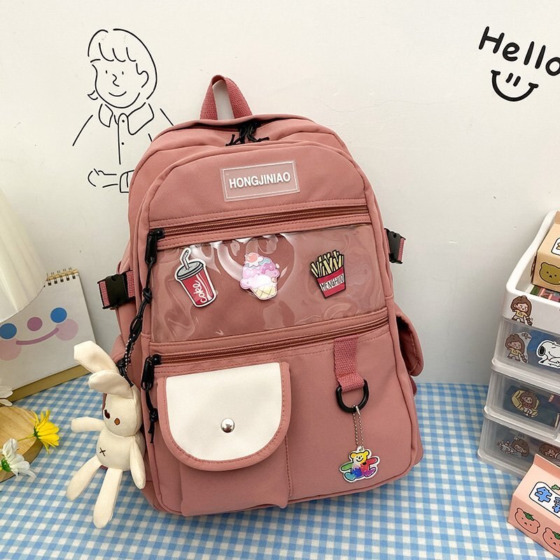 Mochila Coreana de gran capacidad para mujer, bolso escolar de bolsillo transparente para adolescentes, bolso de viaje de estilo Preppy a la: VIP-Rose / With-Accessories