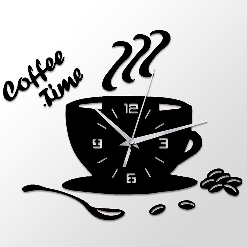 3D DIY Coffee Time Clock Acrylic Wall Clock Modern for Kitchen Home Decor Cup Shape Wall Sticker Hollow Numeral Clock DA406: Black A