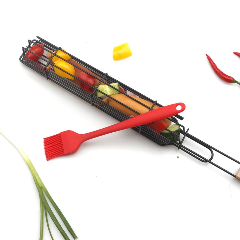 Portable BBQ Grill Basket Handheld Metal Barbecue Tool For sausage Corn sausage With Wood Handle Non-Stick BBQ Holder