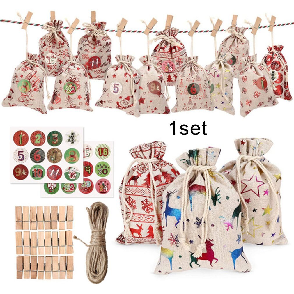 24Pcs Kerst Cadeau Zakken 10X14Cm Festival Verpakking Linnen Zakken Xmas Tree House Decor Hanger Zak Touw clip Stickers Set