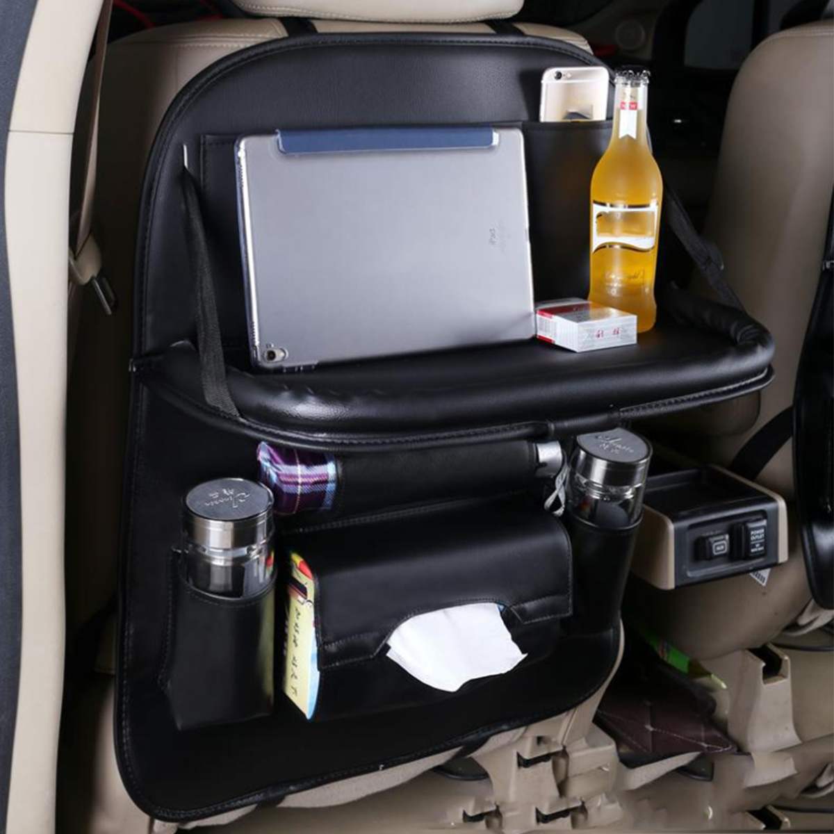 Soporte plegable para taza de coche, organizador Interior multifunción para coche, soporte para asiento de vehículo, soporte para botella de teléfono, soporte para bebidas, cajas de comida, bandeja: Black