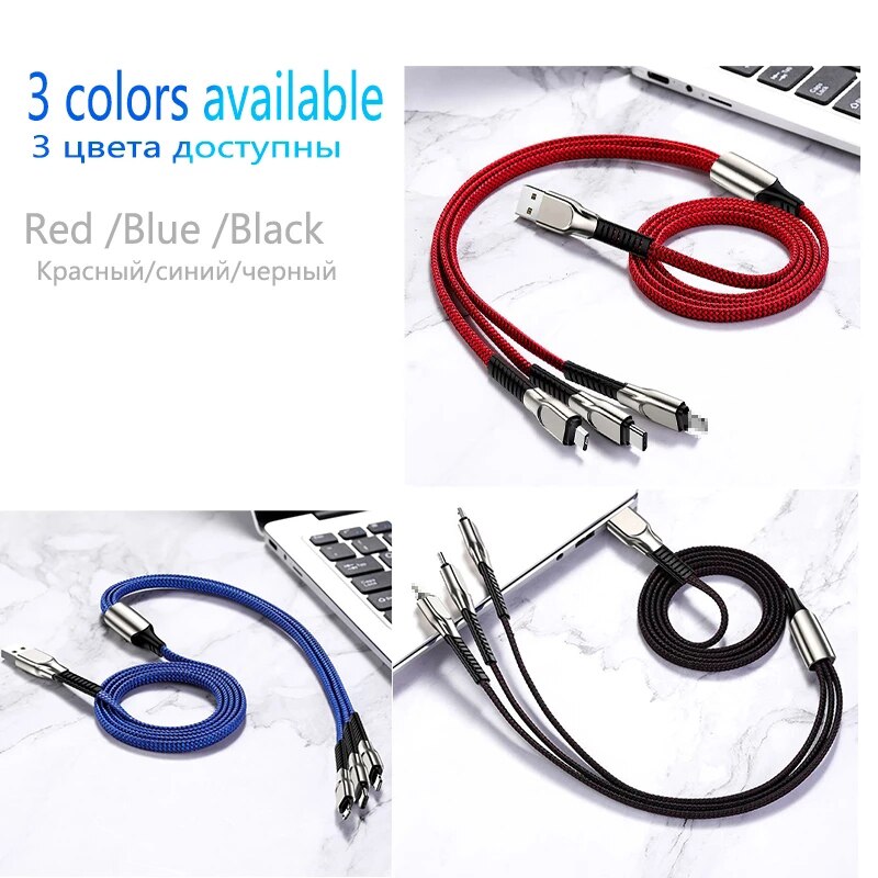 3.5A 1.3m kabel 3 w 1 ładowanie telefonu komórkowego ładowarka mikro USB rodzaj-c przewód danych dla Redmi