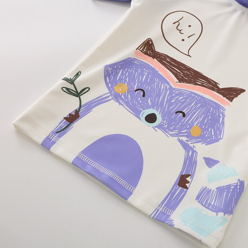 Kid Baby Boy 3Pcs Summer Swimwear Swimsuit Cartoon Fox Print Short Sleeve Top Purple Short Pants Cap Swim Beach Bathing Suit