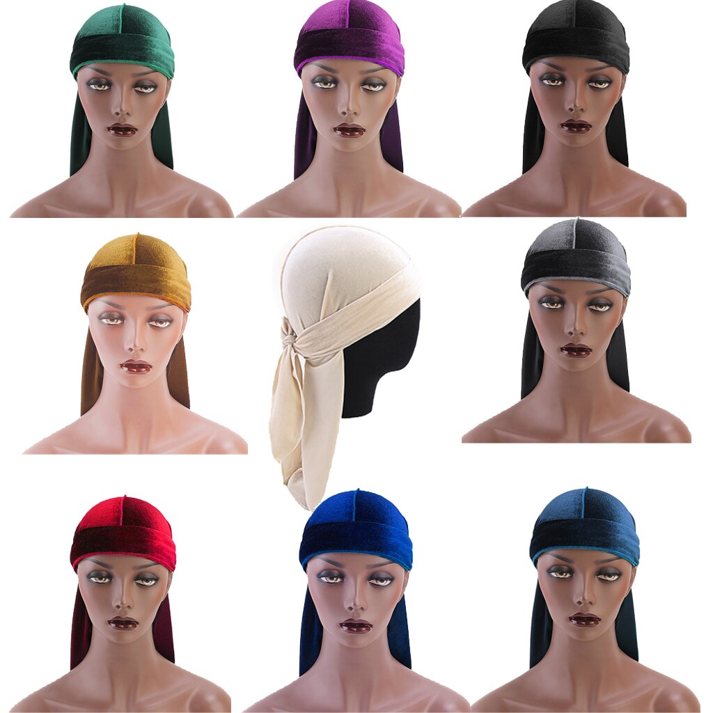 Bandana turbante de terciopelo liso con cola larga para hombre y mujer, sombrero de pirata Durag