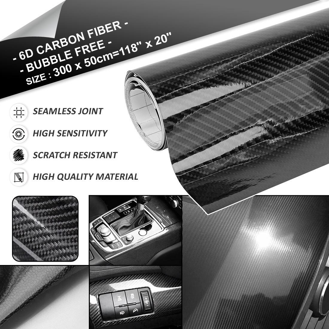 Uxcell 3D 4D 5D 6D de fibra de carbono burbuja de estirable coche película de vinilo adhesivo 152x60 cm/100 cm x 50 cm/152 cm x 30 cm/300x50 cm: 6D 300cm x 50cm